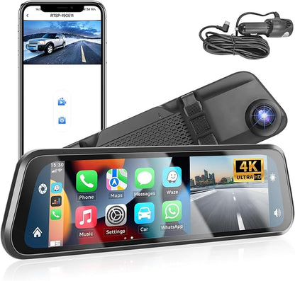 Podofo 12" Mirror Dash Cam with Wireless Carplay&Android Auto,4K Front Mirror Dash Cam with IPS Touchscreen,Support Night Vision,Voice Control,Parking Assistance,G-Sensor,24H Parking Monitor