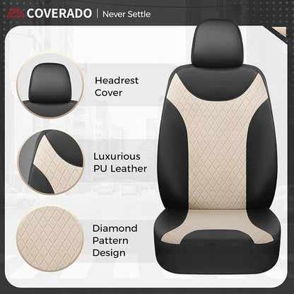 Coverado Car Seat Covers Full Set, Leather Seat Covers for Cars, Waterproof Car Seat Protectors, Front and Back Seat Covers Car Seat Cushions Universal Fit for Most Sedans, SUV, Trucks, Black & Beige