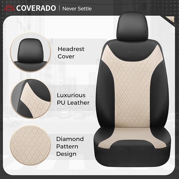 Coverado Front and Back Seat Covers, 5-Pack Universal Seat Covers for Cars, Leather & Fabric Splicing Design Car Seat Protectors, Waterproof Seat Cushions Universal for Most Vehicles, Black & Beige