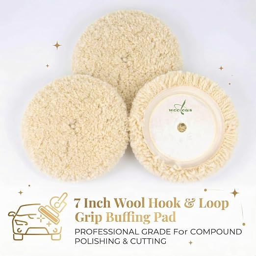 Woolous Wool Buffing Pads 7 Inch, 3 Pack - 100% Natural Wool Pads for Buffing, Polishing & Compounding Cars, Boats, Trucks, RVs, Motorcycles & Metal Surfaces - Hook & Loop for Quick Attachment