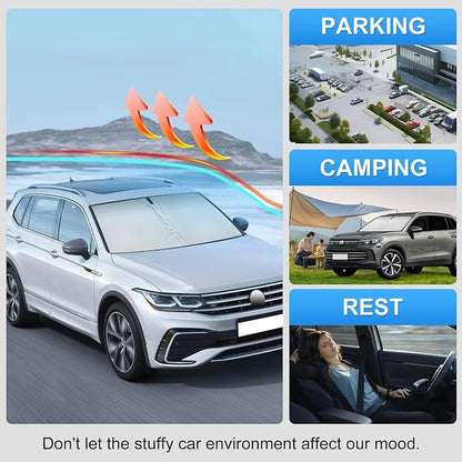Custom Fit Windshield Sun Shade for Volkswagen VW Tiguan 2018-2026 | Custom Fit Windshield Cover, Blocks UV Rays, Double-Layer Heat Shield, Durable Frame, Easy Fold & Storage
