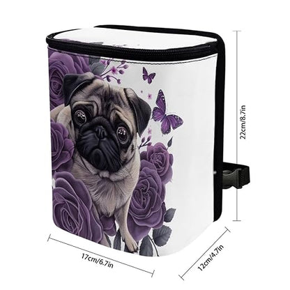 Talayituse Pug Dog Butterfly Flower Print Car Trash Can, Portable Auto Garbage Bin Multifunctional Vehicle Interior Accessories with Adjustable Straps Universal Fit Truck SUV Sedan