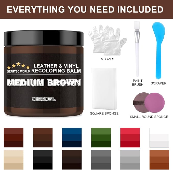 STARTSO WORLD Leather Recoloring Balm, Medium Brown Repair Kit for Furniture, Leather Dye, Color Restorer for Couches, Couch Paint | Repair, Restore & Renew Old, Faded Surfaces