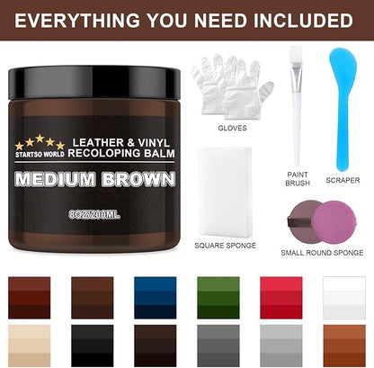 STARTSO WORLD Leather Recoloring Balm, Medium Brown Repair Kit for Furniture, Leather Dye, Color Restorer for Couches, Couch Paint | Repair, Restore & Renew Old, Faded Surfaces