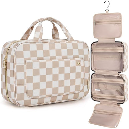 BAGSMART Toiletry Bag Travel Bag with Hanging Hook, Water-resistant Makeup Cosmetic Bag Travel Organizer for Accessories, Shampoo, Full-size Container, Toiletries (Khaki Checkerboard, Large)