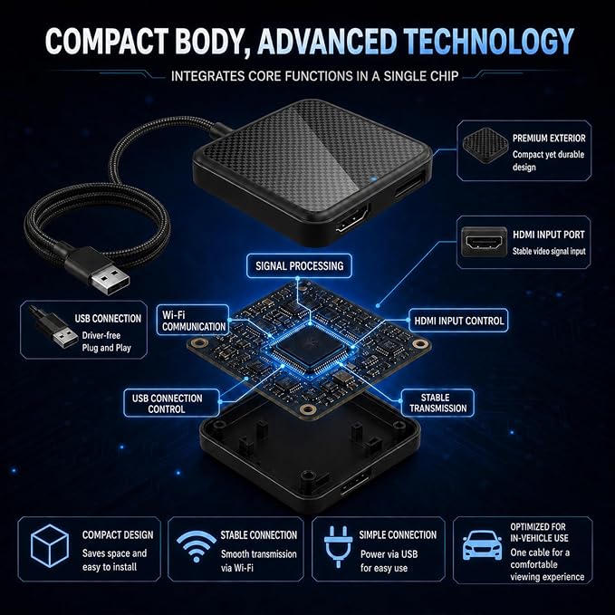 Car TV Adapter with HDMI Input, Wireless CarPlay and Android Auto Dongle for Fire TV Stick, Plug and Play 2K Multimedia Streaming Converter for Factory Wired CarPlay Cars