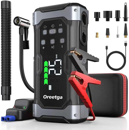 Upgraded 9000A Car Jump Starter with Air Inflator/Deflator Compressor, 9 in 1 Portable Jumper Box Power Pack Charger (All Gas/14L Diesel) Combo Cordless Air Pump for Tire Inflator & Large LCD Screen