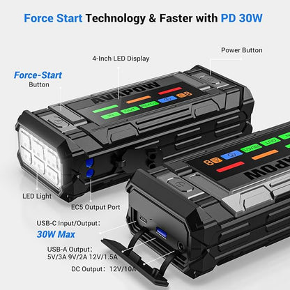 AVAPOW 8000A Battery Jumper Starter Portable with 4″ HD Display PD 30W Dual-Way Fast Charging, 12V Car Starter Jump Box & Battery Booster for All Gas & Up to All Diesel Engines