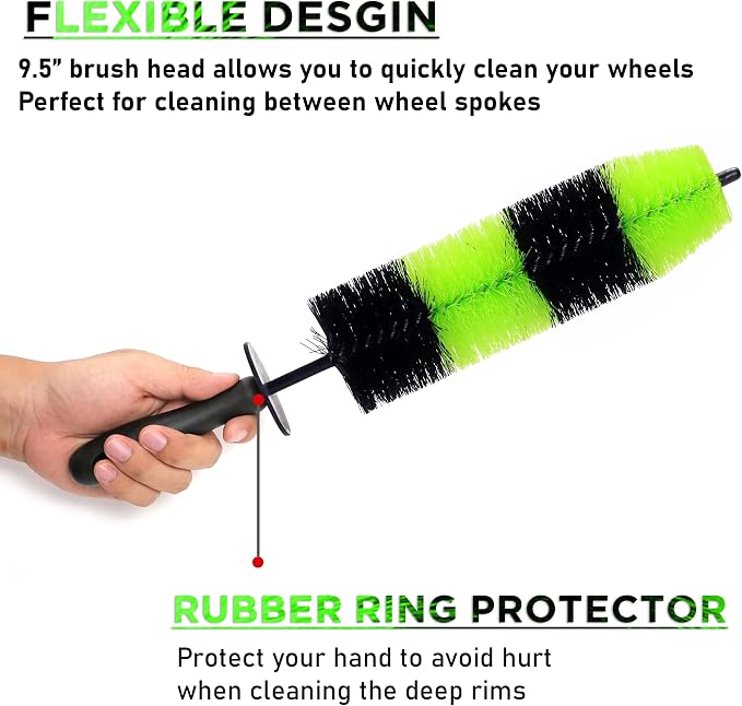 TAKAVU Master Wheel & Tire Brush, Easy Reach Rim Detailing Brush, Multipurpose Use for Wheels, Rims, Exhaust Tips, Motorcycles (Green)