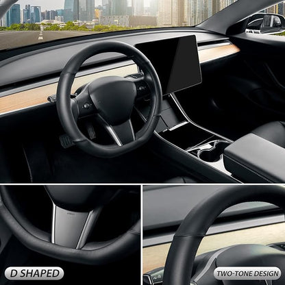 SEG Direct Flat Bottom Steering Wheel Cover, D Shaped Car Wheel Cover 14-14 1/4 in. (35.5-36 cm), for Tesla Model 3 / Y, for Camaro, Black Microfiber Leather