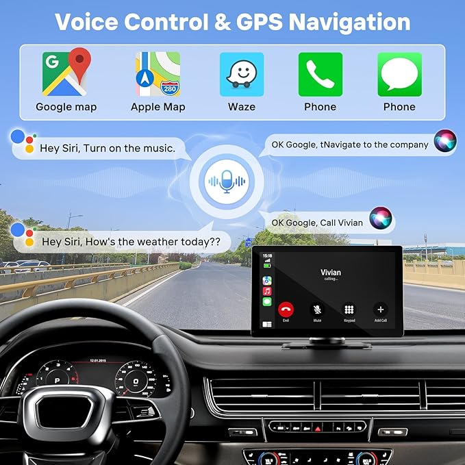 9" Wireless Apple Carplay Screen for Car, Portable Touchscreen Apple Carplay & Android Auto with OTA Update, Backup Camera,FM, Voice Control/GPS Navigation/Mirror Link/BT
