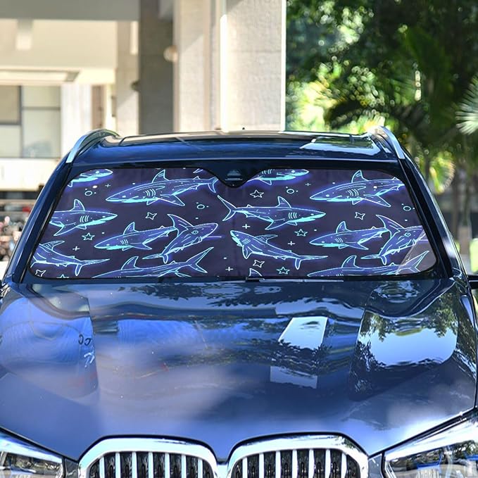 Cute Sharks Blue Windshield Sunshade Car Sun Shade Blocks UV Rays Visor Protector Accordion Folding Sun Reflector Auto Sunshade for Truck SUV