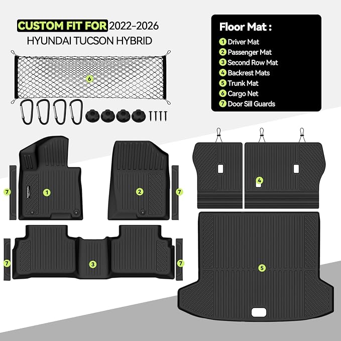 Tongama-Floor Mats for 2022-2025 2026 Hyundai Tucson Hybrid, All Weather TPE Trunk Mat and Backrest Mats Protector and Cargo Net and Door Sill Guards for Hyundai Tucson Floor Liner Accessories