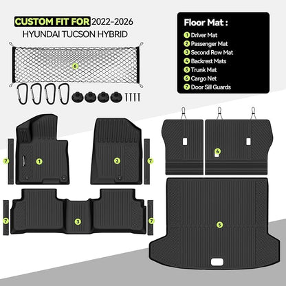 Tongama-Floor Mats for 2022-2025 2026 Hyundai Tucson Hybrid, All Weather TPE Trunk Mat and Backrest Mats Protector and Cargo Net and Door Sill Guards for Hyundai Tucson Floor Liner Accessories