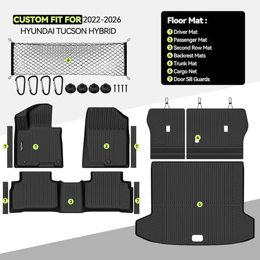 Tongama-Floor Mats for 2022-2025 2026 Hyundai Tucson Hybrid, All Weather TPE Trunk Mat and Backrest Mats Protector and Cargo Net and Door Sill Guards for Hyundai Tucson Floor Liner Accessories