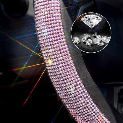 New Diamond Leather Steering Wheel Cover with Bling Bling Crystal Rhinestones, Universal Fit 15 Inch Car Wheel Protector for Women Girls,Pink & White Diamond