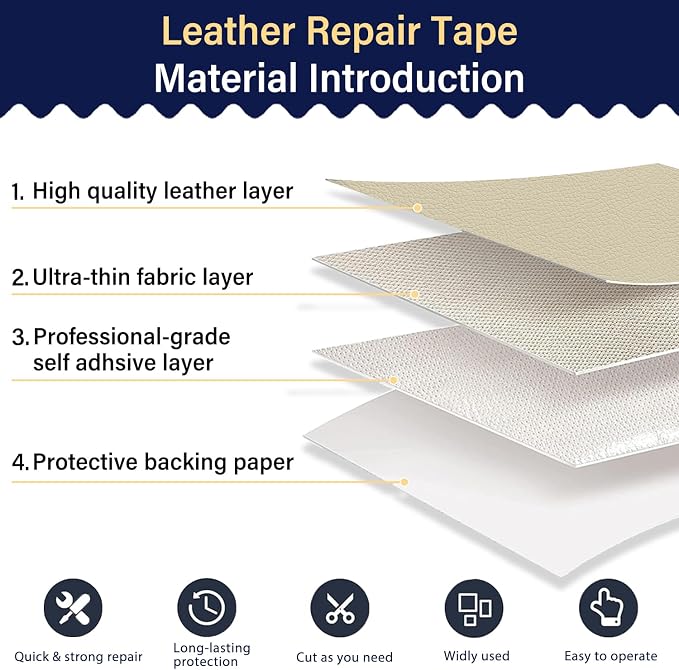 Zenyao Leather Repair Patch Tape - Self Adhesive Leather Repair Kit for Car Seat Furniture, Heavy Duty Vinyl Repair Patch for Couch Sofa, Waterproof Fix for Tears, 3x60 Inch Roll, Off White