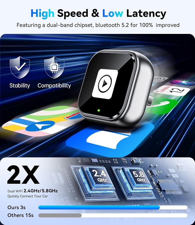 Wireless CarPlay Adapter & Android Auto, Wired to Wireless Carplay Adapter for Apple iPhone & Android, Mini USB Design with Type-C Extension, Plug and Play, No Latency & Auto-Reconnect, 2026 Upgraded