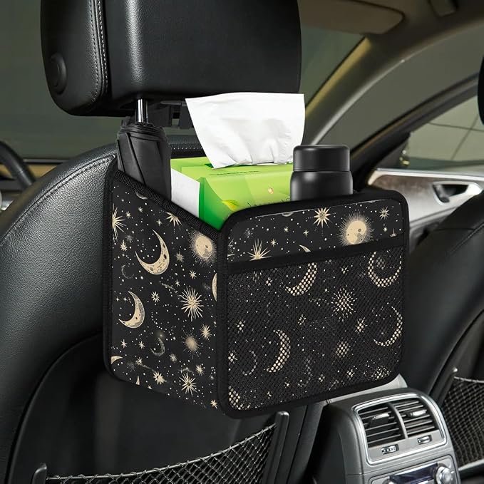 Car Backseat Organizer, PU Leather Back of Seat Car Hanging Organizer with Pockets Leakproof Car Garbage Bag Hanging Car Seat Storage Box Travel Accessories Foldable (Moon & Stars Black)