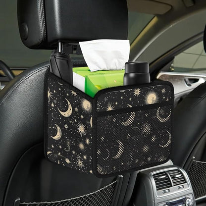 Car Backseat Organizer, PU Leather Back of Seat Car Hanging Organizer with Pockets Leakproof Car Garbage Bag Hanging Car Seat Storage Box Travel Accessories Foldable (Moon & Stars Black)