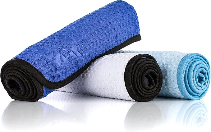 The Rag Company - Dry Me A River, Professional Korean 70/30 Blend Microfiber Waffle-Weave Drying & Detailing Towels, Soft Suede Edges, 390 GSM, 16x24 Inches, White, 3-Pack