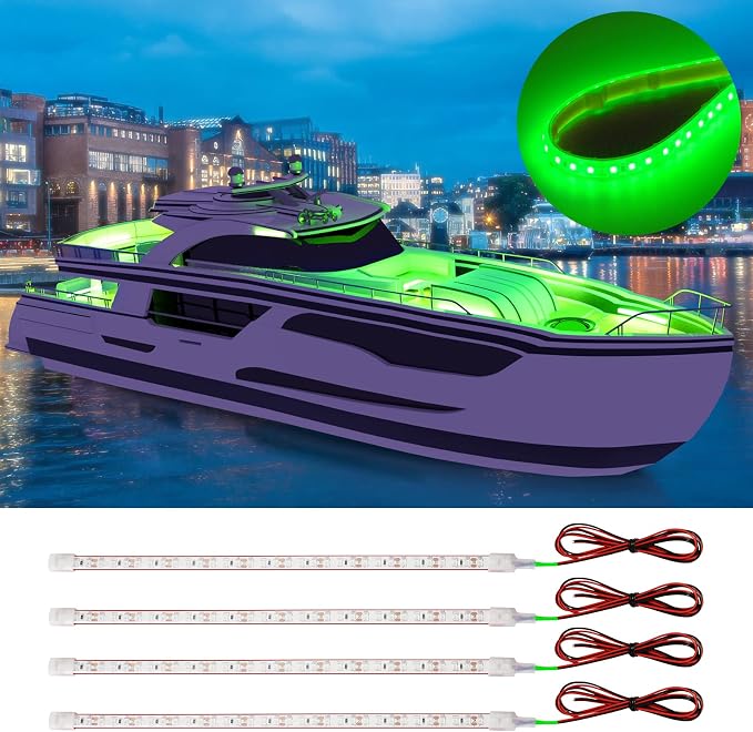 DUOFU365 Boat Led Strip Light,12V Waterproof Marine Boat Interior Courtesy Deck Navigation Lights Cuttable for Car Motorcycle RV Truck Trailer Kayak Home with Strong Nano Tape Green,12inch (Pack of 4)