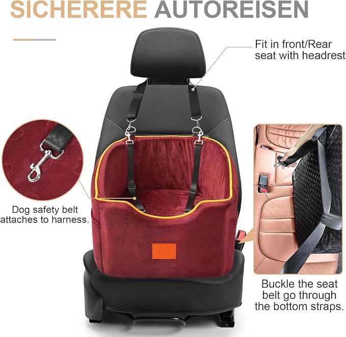 XIEEAOZEE Dog Car Seat for Small Dogs, Memory Foam Booster Dog Seat for Dogs up to 35 lbs, Elevated Pet Car Seat, Travel Safety Pet Seat with Washable Removable Cover, Storage Pockets (Red)