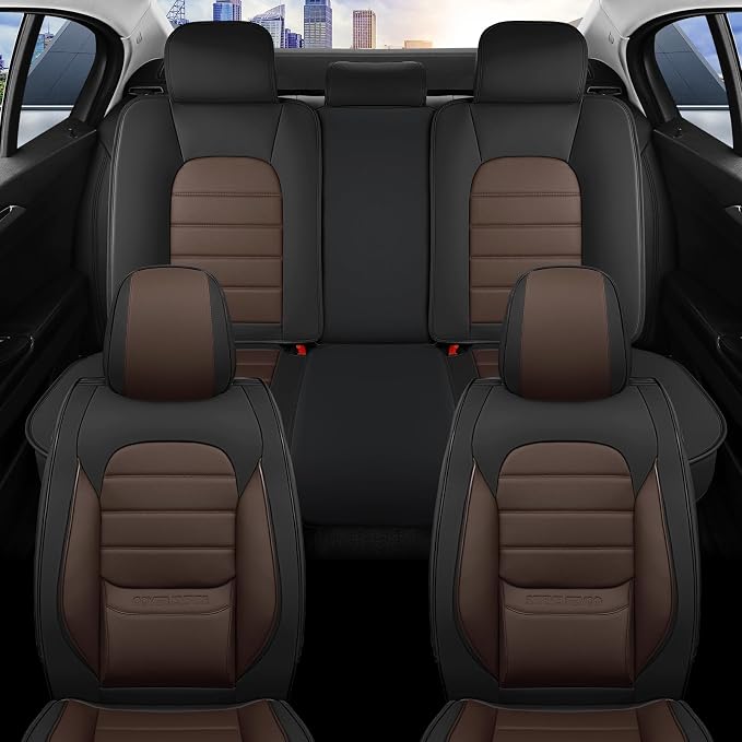 Car Seat Covers Full Set, 5 Seats Universal Leather Seat Covers for Cars, Waterproof Front and Rear Seat Cover, Breathable Automotive Seat Cover for Most Sedans, Trucks, SUVs, Black&Brown