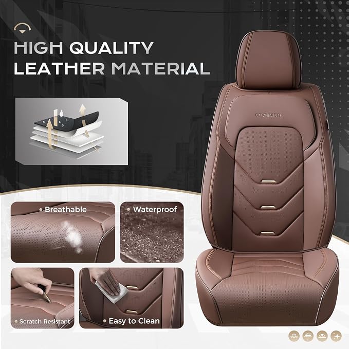 Coverado Front and Back Seat Covers, Coffee Car Seat Covers Full Set, Leather Seat Covers for Car, Waterproof Car Seat Protector, Automotive Seat Cover, Car Seat Cushion Universal Fit for Most Cars