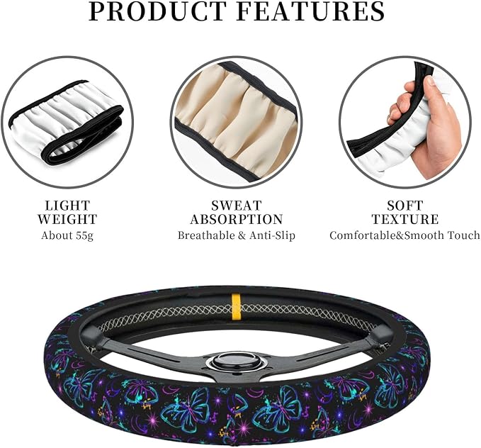 Butterfly Steering Wheel Cover for Women, Universal Auto Steering Wheel 14-15 Inch Car Interior Accessories with 2PCS Car Coasters, Suitable for Men and Women