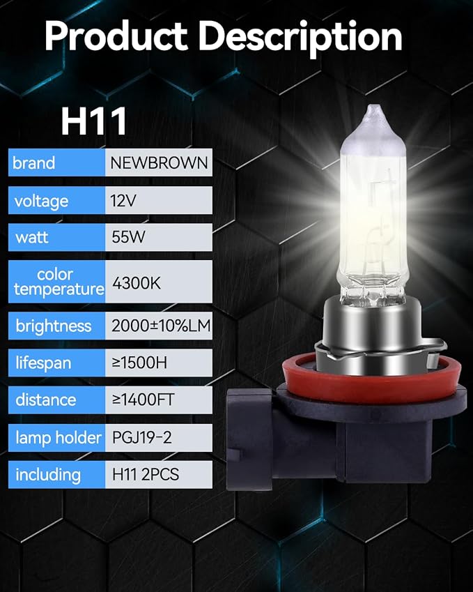 NEWBROWN H11 Headlight Bulb 200% brightness 4300K White 12V/55W H11 Bulb Halogen Long Life Replacement PGJ19-2 (H11, 2 Pack)
