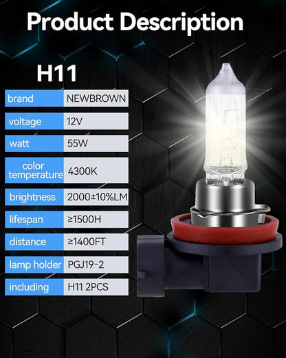 NEWBROWN H11 Headlight Bulb 200% brightness 4300K White 12V/55W H11 Bulb Halogen Long Life Replacement PGJ19-2 (H11, 2 Pack)