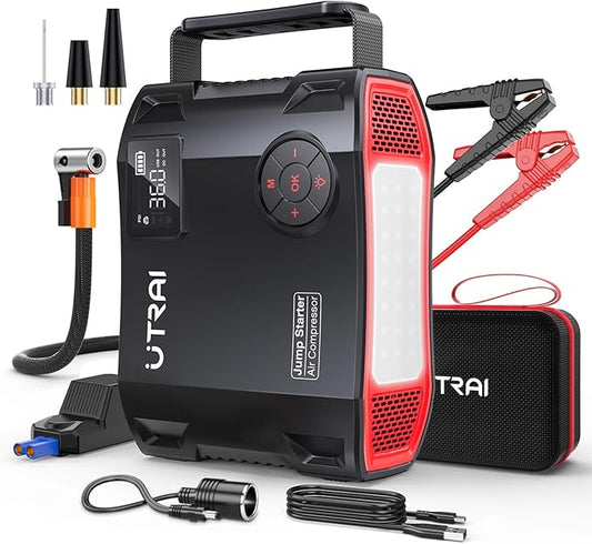 UTRAI Jump Starter with Air Compressor, 7000A 27000mAh Car Starter Jump Box with 150PSI Tire Inflator, Portable Jump Pack (All Gas/10L Diesel), DC160W, QC3.0 Jumper Cables, 1600LM Light