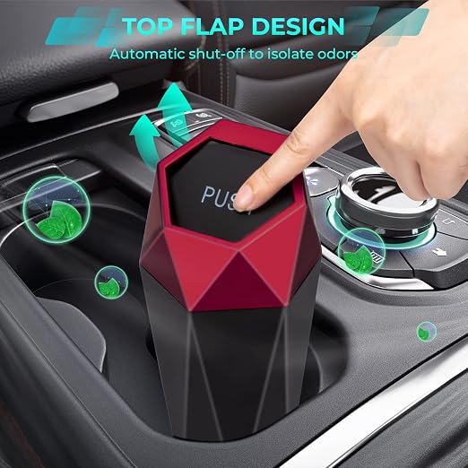 Car Trash Can with Lid, Diamond Design Mini Cup Holder Garbage Bin, Portable Automotive Waste Container for Office Home Use, Red