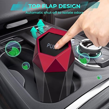 Car Trash Can with Lid, Diamond Design Mini Cup Holder Garbage Bin, Portable Automotive Waste Container for Office Home Use, Red