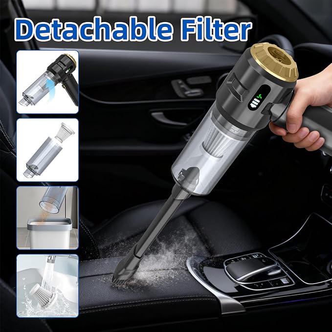 Sycoodeal Handheld Car Vacuum Cleaner, 25000PA Strong Cyclonic Suction Portable Mini Vacuum Cordless with Digital Display Lightweight Handheld for Pet Hair, Car, Home, Office, Kitchen (Gold)