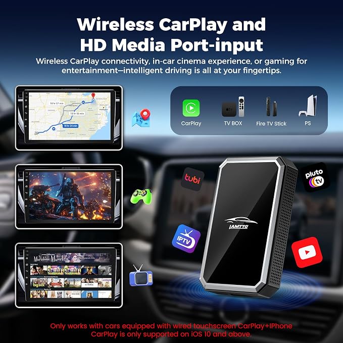 LAMTTO 2-in-1 Car TV Mate Pro – Wireless CarPlay Adapter with HD Media Port Input for TV Stick, Switch to Watch on Car Screen Compatible with Wired CarPlay Touchscreen Cars（2016-2025）