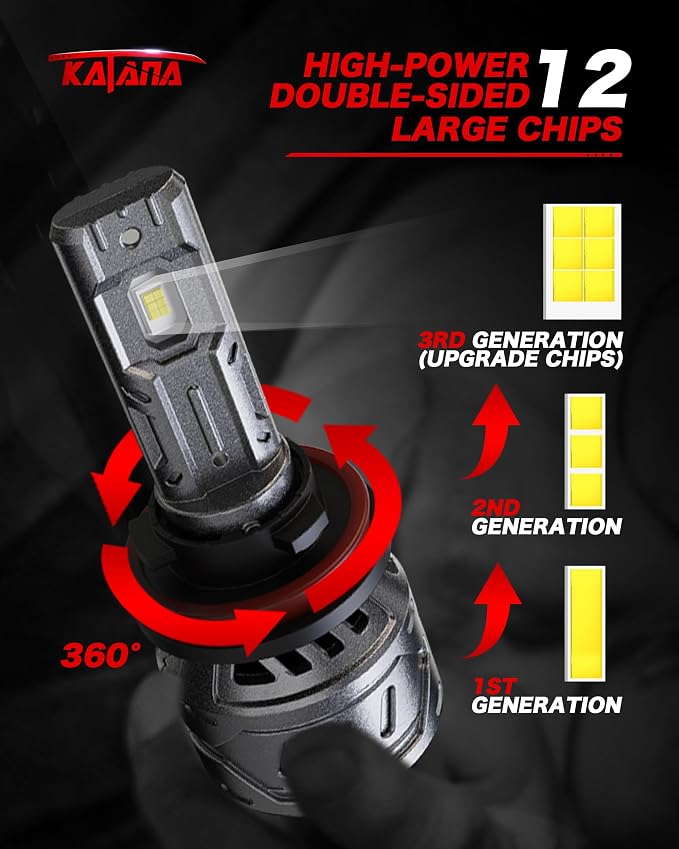 KATANA 9005 H11 Bulbs Combo, 800% Brightness 6500K White Plug and Play 1:1 Size Fog Bulb Pack of 4