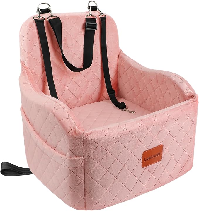 Lealchum Dog Booster Car Seat for Small/Medium Dogs,Soft Puppy Portable Car Seat with Elevated Cushion,Fits in Front/Back Seat,Fully Detachable and Washable,Easy to Install (Pink, Medium)