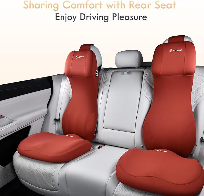 FLORICH Memory Foam Car Seat Cushion and Integrated Neck Pillow Lumbar Support Ergonomic Seat Cushion Breathable Back Support Headrest for Truck Driver Long Driving Sciatica Tailbone Pain Relief, Red