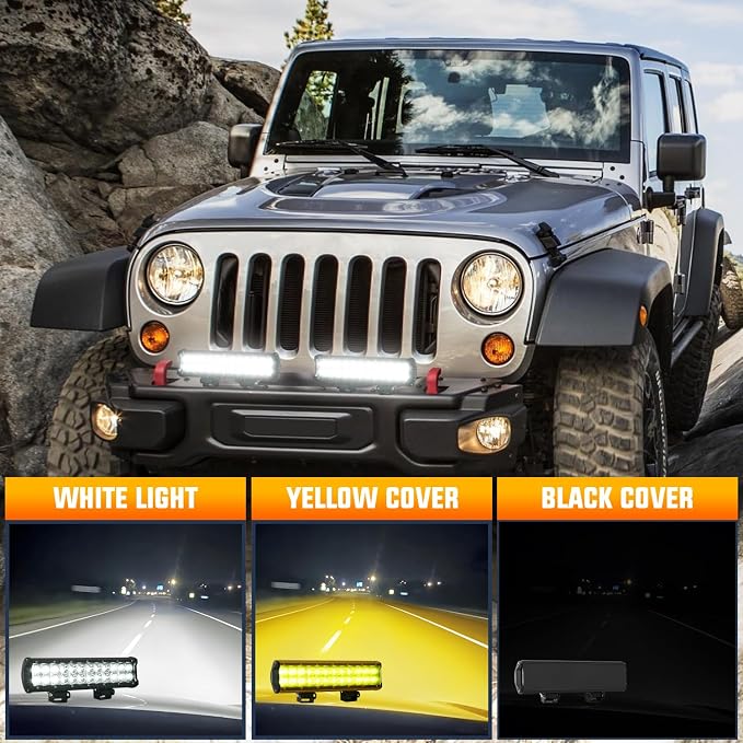 Nilight LED Light Bar with Yellow/Black Covers 2 PCS 12 Inch 72 W Spot Flood Combo Off Road Lights Super Bright Driving Fog Boat Lighting for Trucks Pickup Golf Cart SUV ATV UTV 4x4 Van Camper