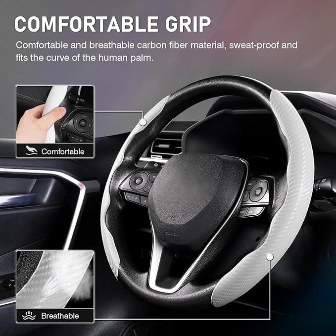Cartist Steering Wheel Cover, Carbon Fiber Steering Wheel Cover for Men/Women, Anti-Slip, Durable, Universal for 99% Car Interior Accessories (White)
