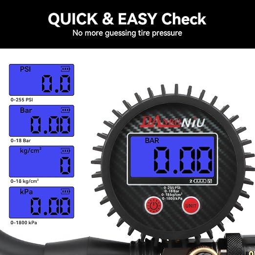 Digital Tire Inflator Gauge, 0-250 PSI, Heavy Duty Air Chuck with Quick Connect Coupler, Air Pressure Gun with Quick-Lock Air Chuck, Digital Tire Pressure Gauge with Inflator for Truck SUV