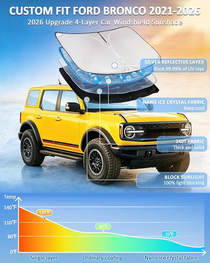 for Ford Bronco Windshield Sun Shade for Bronco 2021-2023 2024 2025 2026 (Not for Bronco Sport)- 4 Layers Window Shades 4 Door 2 Door Sunshade Visor Protector 240T Foldable Block UV Ray