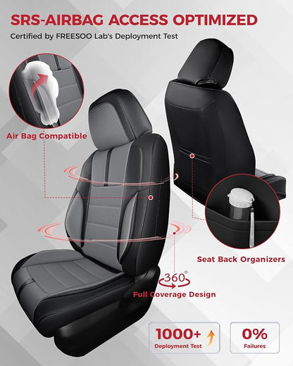 FREESOO Universal Full Seat Covers, Waterproof Faux Leather Automotive Seat Covers with Carbon Fiber Texture Seat Belt Pads, Anti-Slip Airbag Compatible Car Seat Covers for Cars SUVs Trucks