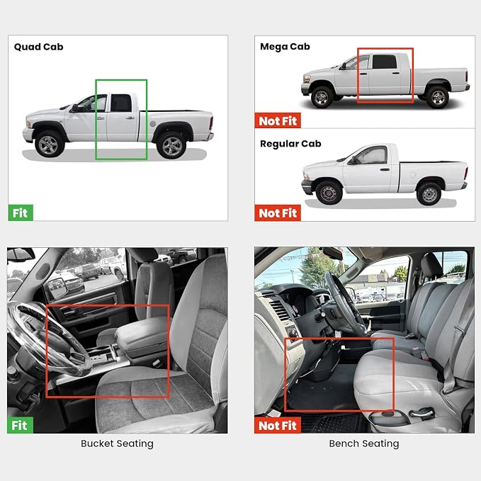 LASFIT Floor Mats for 2002-2008 Dodge Ram 1500 Quad Cab, 2003-2009 for 2500/3500 Bucket Seating, Not Fit Have 4X4 Shifter, All Weather TPE Custom Fit Car Mats Floor Liners 1st & 2nd Row, Black