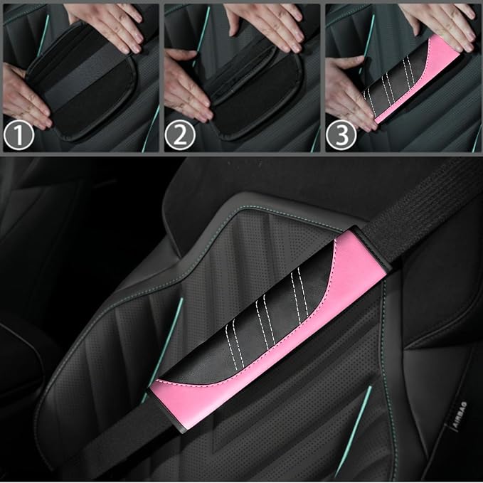 NBTEPEM 10 Pcs Car Floor Mats Full Set & Sport Leather Steering Wheel Cover 14.5-15 inch, Center Console Cover, Seat Belt Cushion, Cup Holder Coaster, Universal Automobile Interior Sets (Pink)