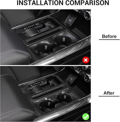 Jimen Compatible with Ford F150 2021-2025, Center Console Gear Shift Panel Trim Cover (Black Wood Grain)