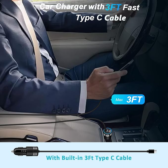 60W Super Fast Charging Android Car Charger Type C Rapid Samsung Car Charger with 3ft Built-in USB C Cable for Samsung Galaxy S26 S25 Edge S24 Ultra S23 S22 S21 A57 A17 A56 A36 A16 A35 A15 A54 A14 A53