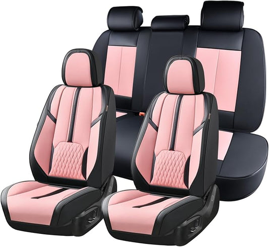 Coverado Leather Seat Cover Full Set, Waterproof Car Seat Covers with Lumbar Support, Front and Rear Seat Covers for Car, Universal Car Seat Protectors Car Seat Cushion Fit for Most Cars (Black&Pink)